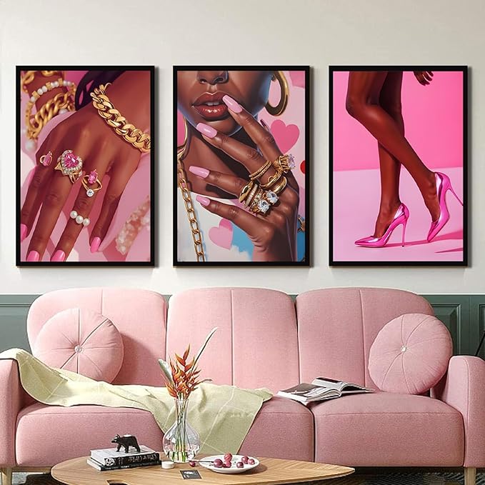 ANVOTIG Pink Fashion Black Girl Canvas Wall Art Set of 3 Black Woman African American Wall Decor Pictures Gorgeous Black Women Artwork Posters Prints for Living Room Bedroom Bathroom 16x24In Unframed