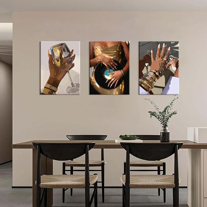 Black Girl Wall Art Set of 3, Gold African American Woman Wall Decor Painting Black People Canvas Poster Prints Pictures Aesthetics for Living Room Bedroom Dorm Framed 16x24 inch