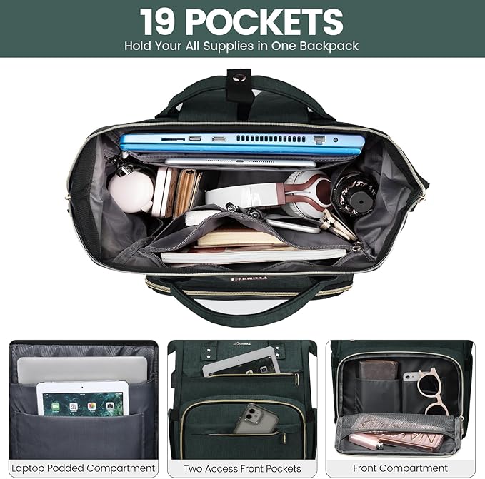 LOVEVOOK Laptop Backpack for Women,15.6 Inch Professional Womens Travel Backpack Purse Computer Laptop Bag Nurse Teacher Backpack,Waterproof Work Bags Carry on Back Pack with USB Port,Dark Green
