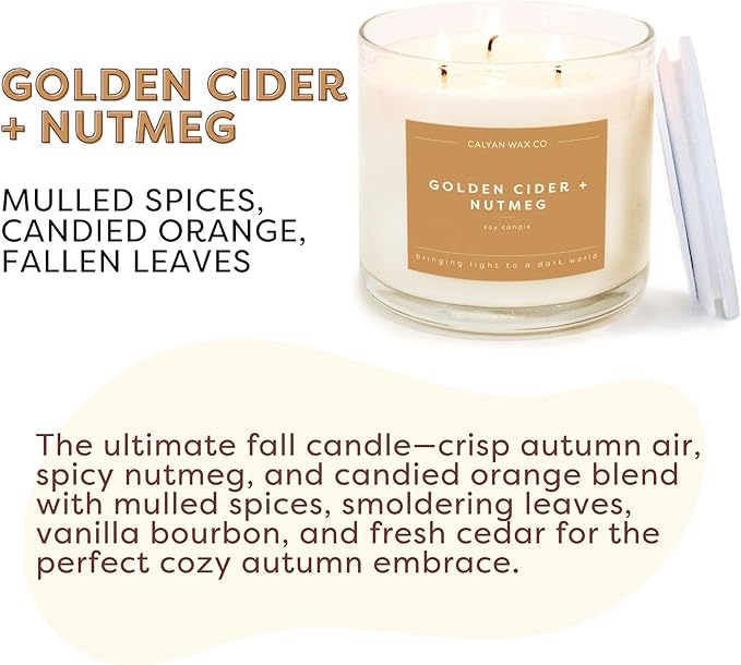 Calyan Wax Co. 3 Wick Candle, Golden Cider + Nutmeg Scented Candle, 43 Hour Burn Time, 3 Wick Soy Candles, Non Toxic & Vegan Soy Wax, Glass Jar Holiday Scented Candles, 14.9oz
