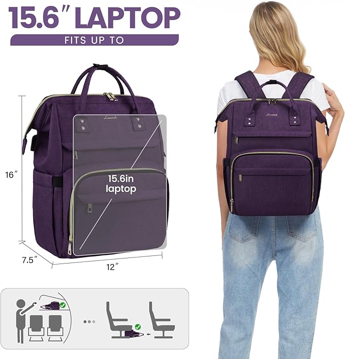 LOVEVOOK Laptop Backpack for Women,15.6 Inch Professional Womens Travel Backpack Purse Computer Laptop Bag Nurse Teacher Backpack,Waterproof Work Bags Carry on Back Pack with USB Port,Dark Purple