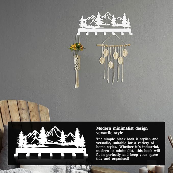 Key Holder Wall Mounted Key Hooks, White Metal Key Rack Hooks, The Great Grove, Mountain Theme Wall Decoration Hooks, with 7 Hooks, Applicable to Front Doors, Lobby,Corridor, Offices (12 ")