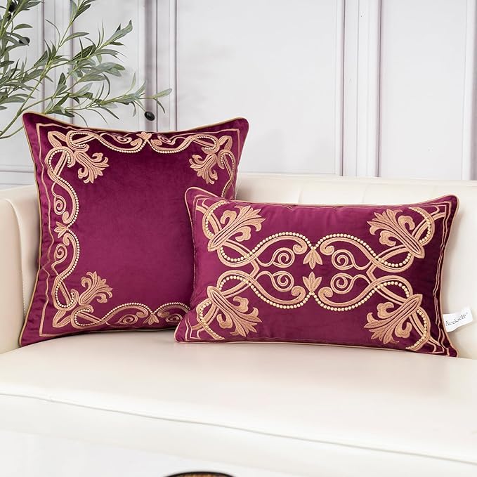 Aeckself Floral Pillow Cover 24x24 Inch, Large Luxury Velvet Embroidered Decorative Accent Throw Pillow Cover for Couch Bedroom Living Room, Burgundy Red and Gold, Yw-OBYG-Red6060