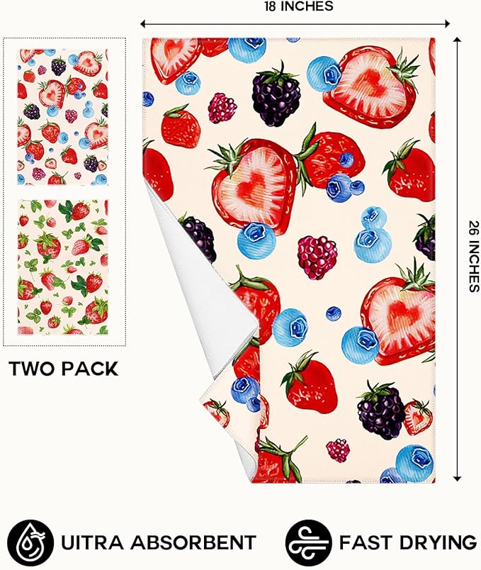 Microfiber Kitchen Towels - Set of 2 Dish Towels for Kitchen 18 x 26 Inch Home Decoration Leaf Strawberry Cute Spring Hand Towels Soft & Absorbent Aesthetic Design