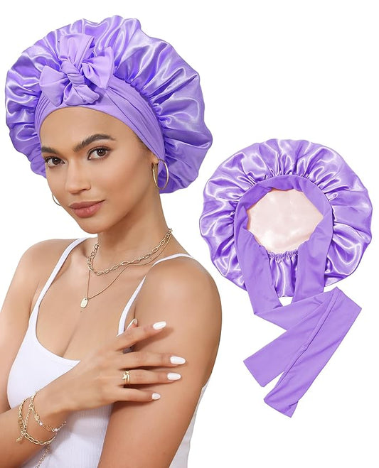 Satin Bonnet Silk Bonnet for Sleeping Silk Sleep Cap Double Layer Hair Bonnet with Elastic Tie Band for Curly Hair Night Cap (Light Purple+Champagne)