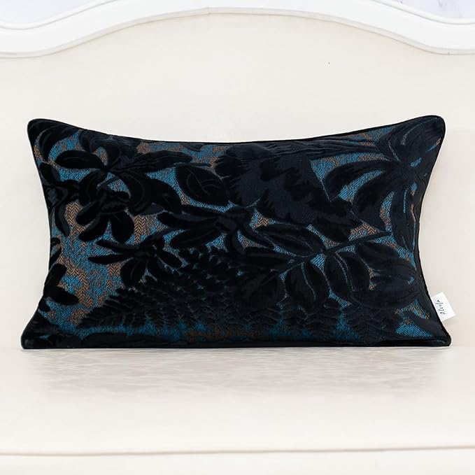 Alerfa Black Throw Pillow Cover 12x20 Inch, Rectangle Cut Velvet Maple Leaf Embroidery Luxury Farmhosue Lumbar Decorative Pillow Cover for Couch Living Room Bedroom