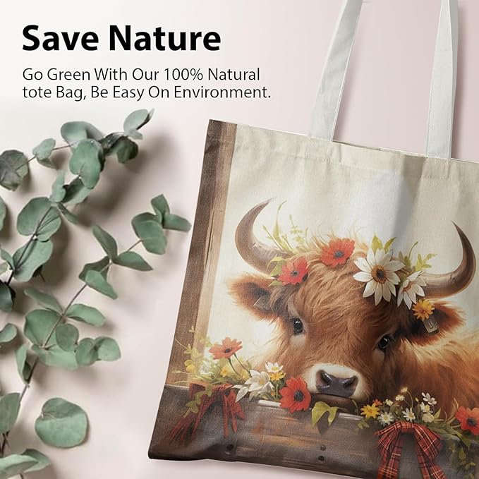 Western Highland Cow Canvas Tote Bag - Highland Cow Lover Gifts,Canvas Shoulder Bag for Women for Girls