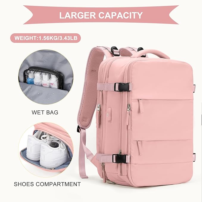 coowoz Large Travel Backpack For Women Men, Carry On Backpack,Hiking Backpack Waterproof Outdoor Sports Rucksack Casual Daypack Expandable Heavy Duty Extra large Backpack Pink Expansion