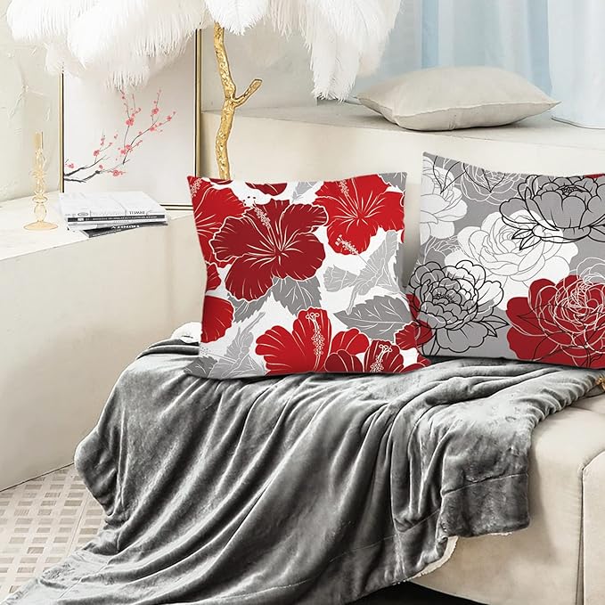 COMMINY Red Grey Pillow Covers 18x18 Set of 6 Decorative Burgundy Daisy Throw Pillow Cover for Couch Modern Farmhouse Cushion Pillow Case for Living Room Patio Home Decor