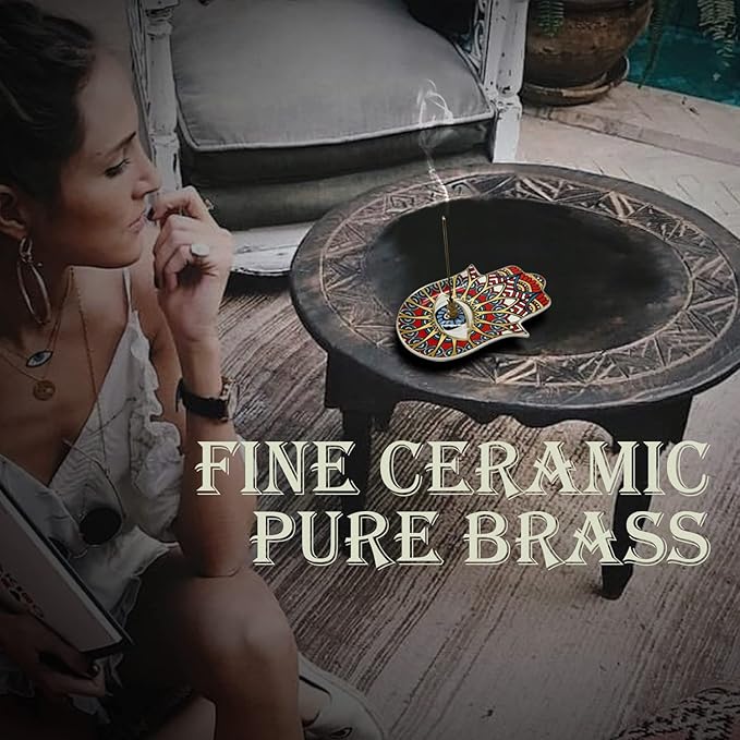 Ceramic Hamsa Hand Incense Holder - 2 in 1 Brass Incense Holder for Sticks and Coil Incense- Zen Decor with Hand of Fatima Design Protection from Evil - 6.2" L X 4.5" W (red)