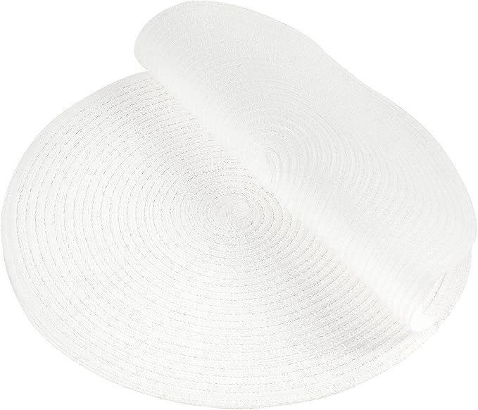 SHACOS Round Braided Placemats Set of 4 Washable Round Table Mats for Dining Table 15 inch (White, 4)