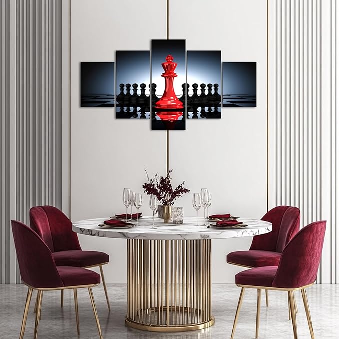 iHAPPYWALL Large 5 Pieces Modern Black And Red King And Knight Chess Pictures Print Canvas Wall Art for Home Chess Game RoomLiving Room Decor Ready To Hang