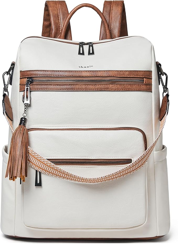 Shrrie 15.6 inch Laptop Backpack for Women,Large Leather Backpack Purse,Travel,Carry on,Water Resistant Casual Laptop Backpacks,College Backpack,Work Backpack for Women,Beige with Brown