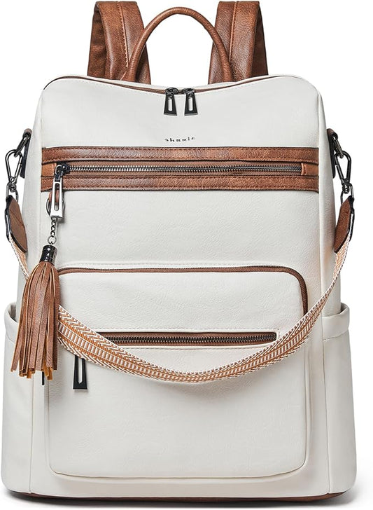 Shrrie 15.6 inch Laptop Backpack for Women,Large Leather Backpack Purse,Travel,Carry on,Water Resistant Casual Laptop Backpacks,College Backpack,Work Backpack for Women,Beige with Brown