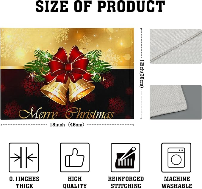 Giwawa Merry Christmas Placemats Set of 4, Winter Snowflakes Xmas Jingle Bell Red Bow Table Place Mats for Kitchen Dining Holiday Party Decor, Heat Resistant Non-Slip Washable, 12x18 Inch