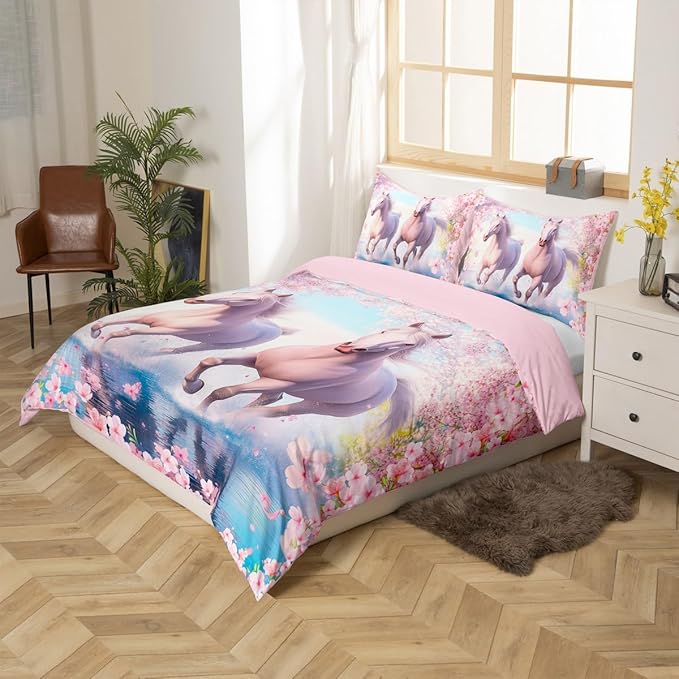 Watercolor Horse Duvet Cover Queen Size 3 Pcs Pink Cherry Blossom Wild Animals Bedding Set for Kids Girls Teens Dreamy Natural Flowers Plabts Decor Comforter Cover with 2 Pillowcases(No Comforter)