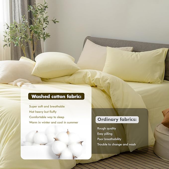 FOSSA Duvet Cover Set 100% Washed Cotton Linen Feel Super Soft Breathable Cozy 3 Pieces Bedding Sets Solid Pastel Yellow Twin