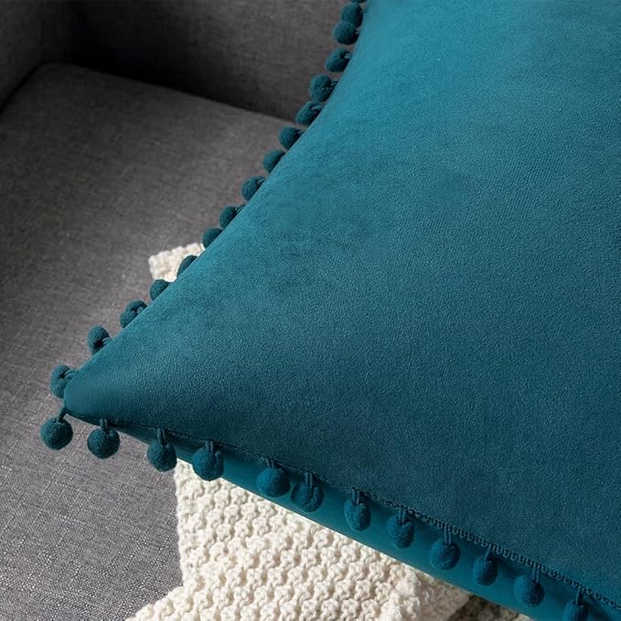 DEZENE Throw Pillow Cases 22x22 Teal: 2 Pack Cozy Soft Pom-poms Velvet Square Decorative Pillow Covers for Farmhouse Home Decor
