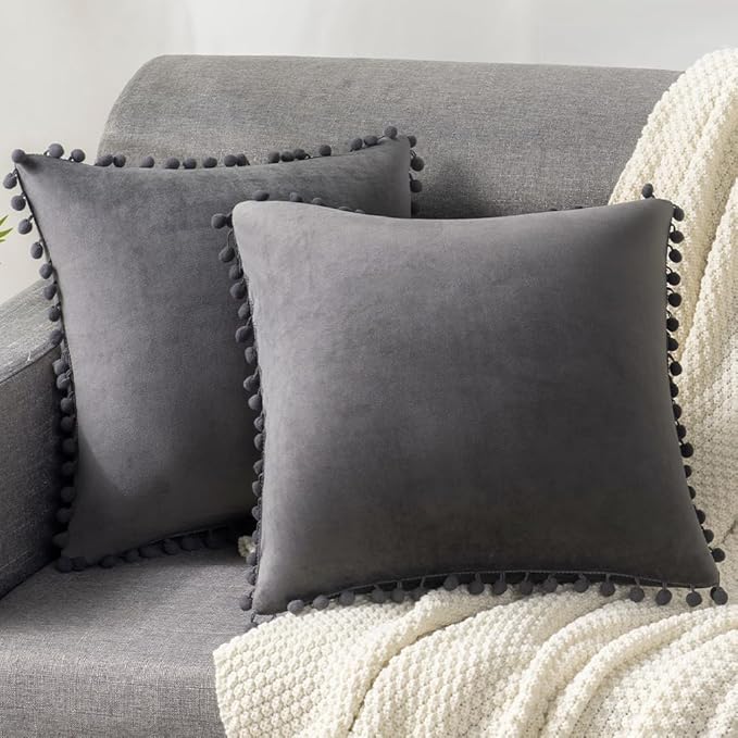 DEZENE Throw Pillow Covers 16x16 Dark-Grey: 2 Pack Cozy Soft Pom-poms Velvet Square Decorative Pillow Cases for Farmhouse Home Decor