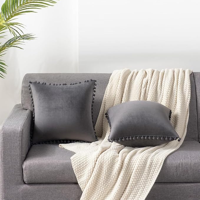DEZENE Throw Pillow Covers 16x16 Dark-Grey: 2 Pack Cozy Soft Pom-poms Velvet Square Decorative Pillow Cases for Farmhouse Home Decor