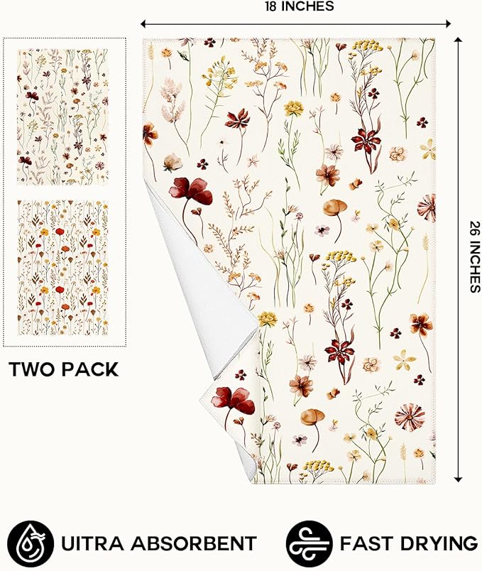 Microfiber Kitchen Towels - Set of 2 Dish Towels for Kitchen 18 x 26 Inch Home Decoration Grow Flower Cute Spring Hand Towels Soft & Absorbent Aesthetic Design