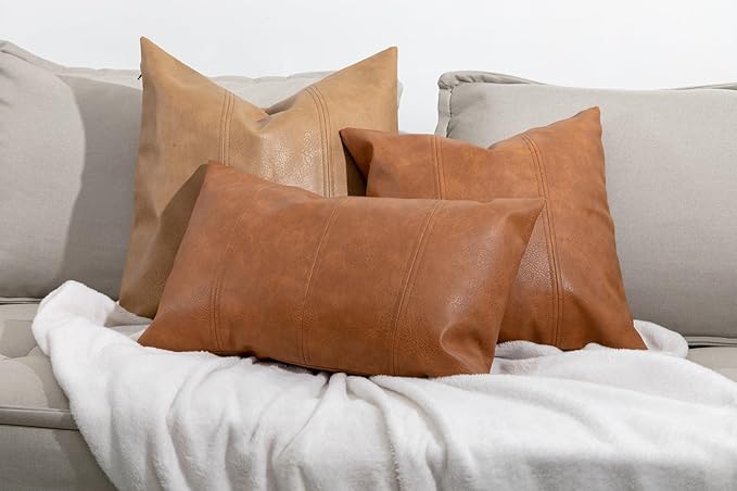 Faux Leather Throw Pillow Covers 12X20 Inch Set of 2 Brown Outdoor Modern Farmhouse Solid Decorative Pillow Covers for Room Couch Living Bedroom Bed Sofa