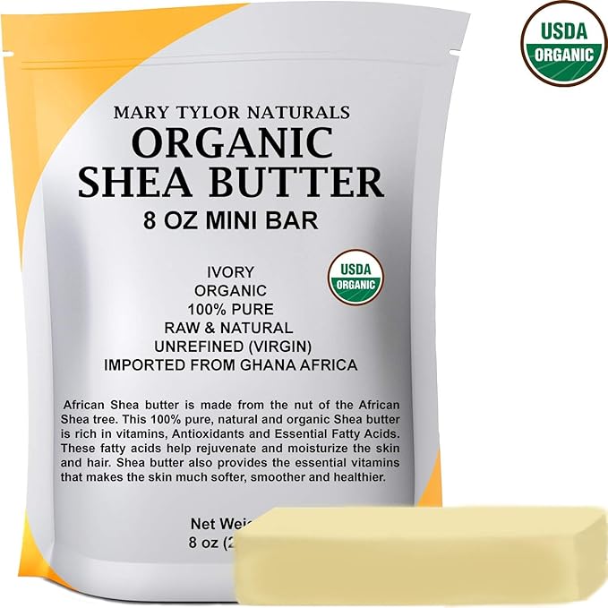 Mary Tylor Naturals Organic Shea butter 8 oz — USDA Certified Raw, Unrefined, Ivory From Ghana Africa — Great for Hair, Skin Nails and DIY projects