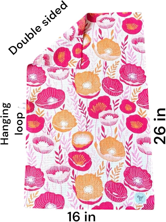 || 3 Pack|| Double Sided || Not Your Ordinary Dish Towels || Waffle Weave Microfiber || Highly Absorbent || Hanging Loop || Dish Cloths || Modern || Designer Prints|| Pink & Orange