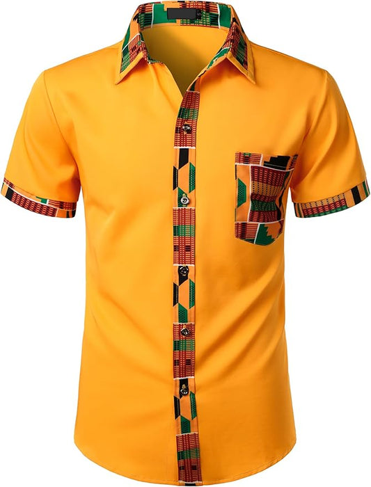 ZEROYAA Men's African Printed Patchwork Design Short Sleeve Button up Shirt