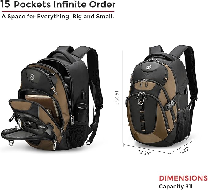 Swissdigital Design Laptop Backpack with USB Charging Port, Travel Backpack Fits 15.6 inches Computer, 31L College School Backpack for Men, Tan/Black | SD803
