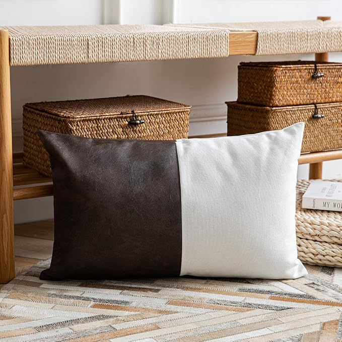 DEZENE Leather Throw Pillow Covers, Set of 2 Modern Leather/Cotton Decorative Pillowcases for Home Decor Bedroom Living Room Couch Bed Sofa, 12x20 Inch, Dark-Brown and White