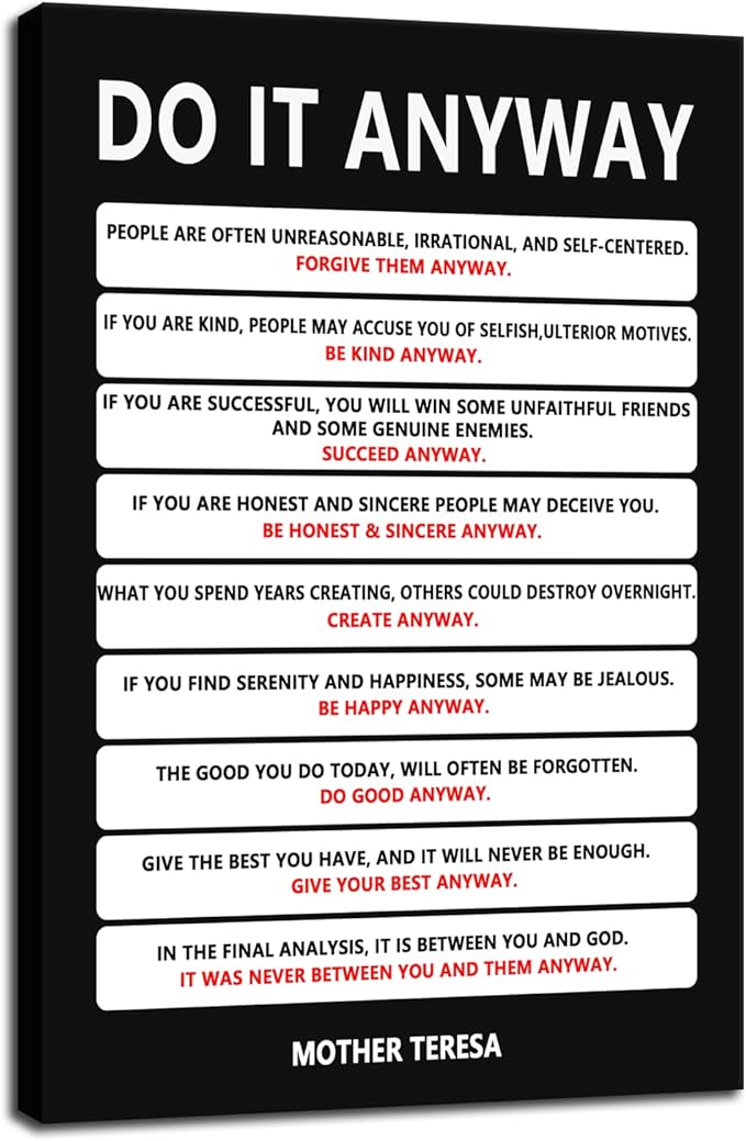 Do It Anyway Canvas Wall Art for Living Room Inspirational Mother Teresa Quote Poster Wall Decor Paintings Wooden Framed Artwork Bedroom Kitchen Home Decoration Ready to Hang[12''W x 18''H]