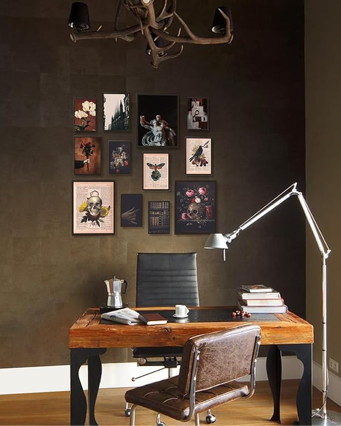 ASTRDECOR Dark Academia Decor Set - Vintage Newspapers Canvas Wall Art Prints Posters for Room Aesthetic, Spooky Gothic Home Decor for Halloween decor, Skull Witch Decor for Dark Bedroom Set of 12【Unframed】