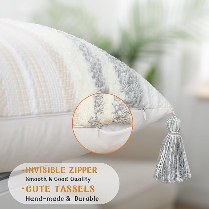 decorUhome Decorative Boho Throw Pillow Cover 18x18, Accent Neutral Textured Tufted Pillow Cover Striped for Couch Bed Sofa, Light Grey and Cream White, Pack of 1