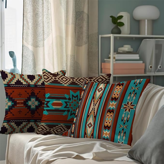 Western Throw Pillow Covers Set of 6, Southwest Aztec Mexican Turquoise Home Decor Ethnic Tribal Navajo Outdoor Couch Decorative Cushion Case 18"X18"