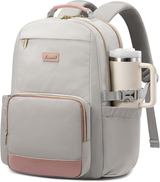 LOVEVOOK Laptop Backpack for Women with Pouch Pocket for Large Capacity Cup,15.6 Inch Laptop Computer Bag Travel Backpack Purse,Waterproof Work Business Backpack College Teacher Bags,Gray-Pink