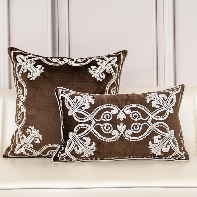 Aeckself European Floral Pillow Cover 16x16 Inch, Luxury Velvet Embroidered Decorative Throw Pillow Cover for Couch Bedroom Living Room, Brown and White