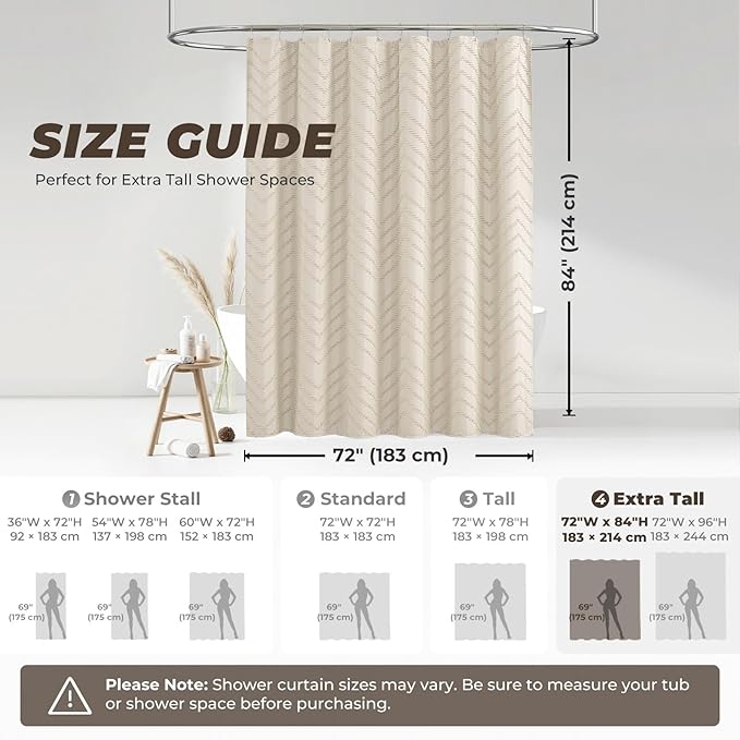 84 Inches Extra Long Beige Shower Curtain Boho Neutral Tufted Chevron Textured Striped Minimalist Shower Curtains for Bathroom