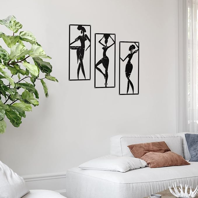 Therwen 3 Pieces African Women Metal Wall Decor Black Women Metal Wall Art African American Black Minimalist Decor for Bedroom Bathroom Living Room Home 15.7 x 6 Inch