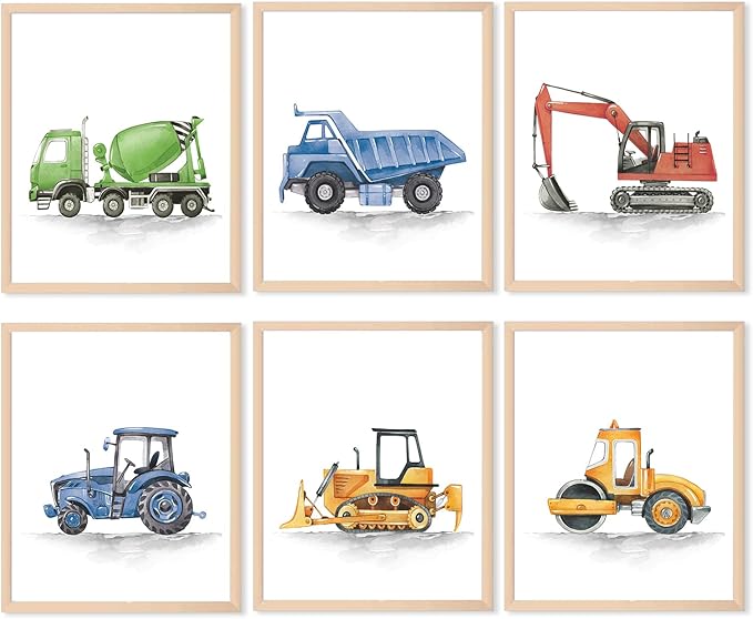 ASTRDECOR Construction Room Decor for Boys, Boys Nursery Decor, Toddler Boy Room Decor, Playroom Wall Art Watercolour Truck Prints for Kids Room, Car Pictures Wall Decor for Playroom, Nursery, Bedroom, Truck Vehicles Posters - 8"x10"x6PCS, Unframed