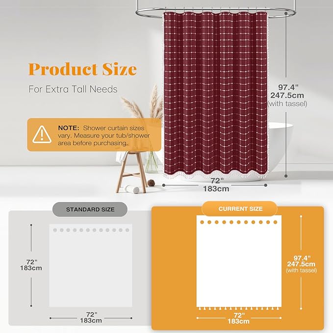 BTTN Extra Long Shower Curtain - 72x96 Inch Long Boho Chic Linen Fabric Heavy Duty Shower Curtain Set with Hooks, Tall Bohemian Farmhouse Shabby Chic Tassel Shower Curtains for Bathroom - Burgundy