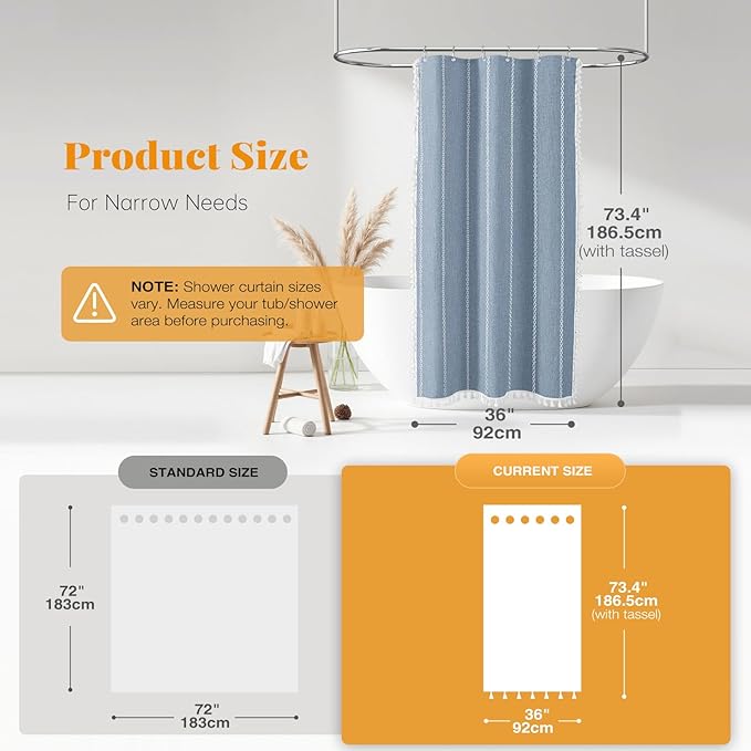 BTTN Boho Shower Stall Curtain - 36x72 Narrow Linen Ultra Thick Striped Tassel Fabric Shower Curtain Set with 6 Hooks, Half Modern Farmhouse Cottage Weighted Cloth Shower Curtains for Bathroom - Blue