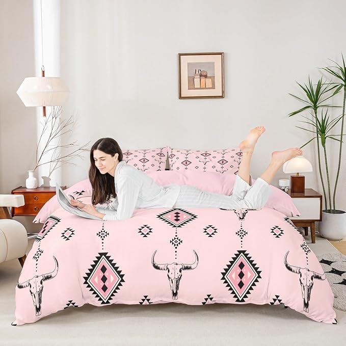 Castle Fairy Tribal Geometry Duvet Cover Toddler Size,Western Farmhouse Native Ethnic 2 Pcs Quilt Cover(No Filler),Cowgirl Pink Bedding Set with 1 Pillowcase,Southwest Tribal Aztec Kids Room Decor