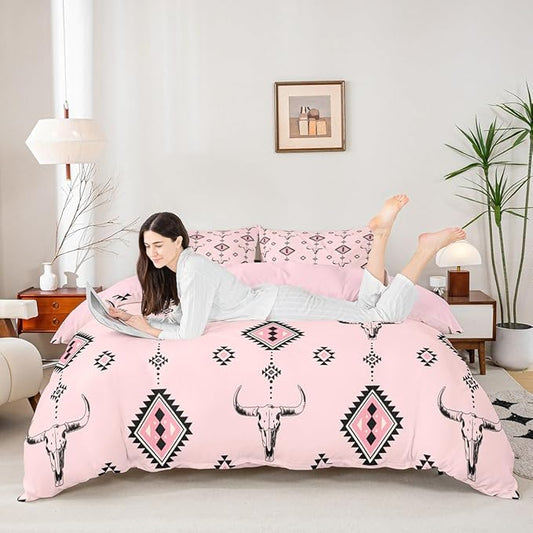 Castle Fairy Tribal Geometry Duvet Cover Queen Size,Western Farmhouse Native Ethnic 3 Pcs Quilt Cover(No Filler),Cowgirl Pink Bedding Set with 2 Pillowcases,Southwest Tribal Aztec Kids Room Decor