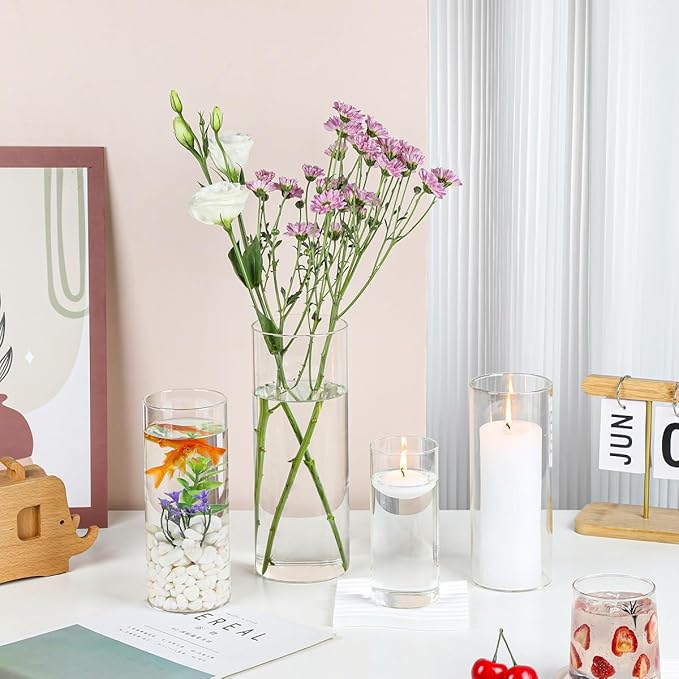 UDU 16 Pack Cylinder Glass Vases for Centerpiece 4,6,8,10 Inch Tall Clear Flower Vase Hurricane Candle Holder Floating Candle Vases for Table Centerpiece Wedding Home Decor