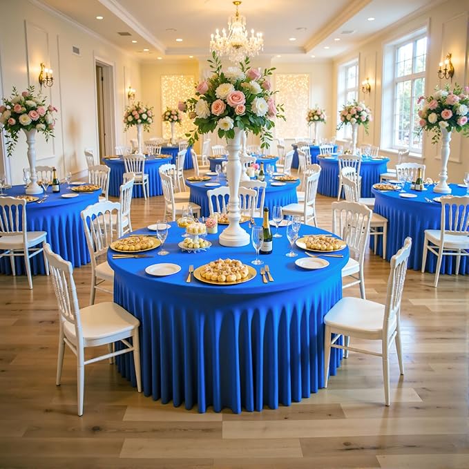 Outpain 6 Pack 72inch Royal Blue Spandex Round Tablecloths, Stretchy 132inch Fitted 6FT Round Table Cloths, Wrinkle Free Table Cover with Skirt for Wedding Party Dining Banquet
