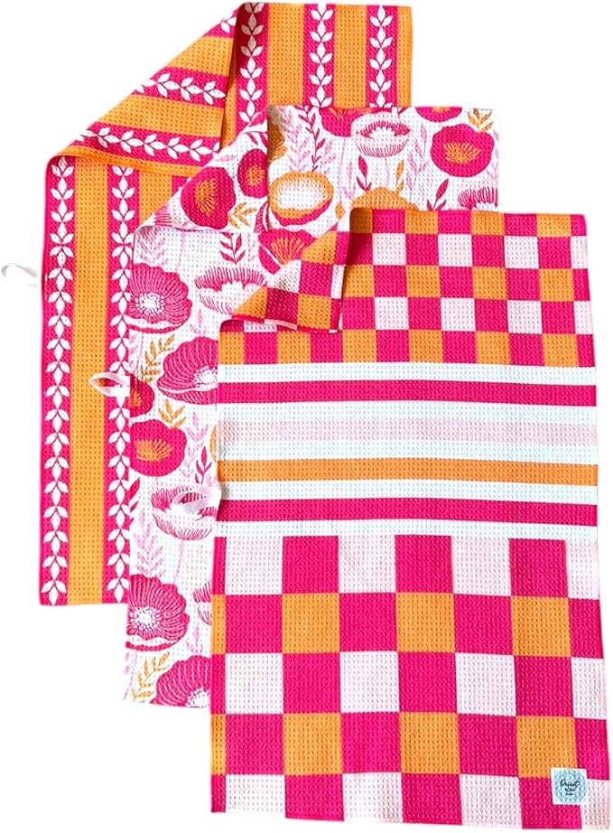 || 3 Pack|| Double Sided || Not Your Ordinary Dish Towels || Waffle Weave Microfiber || Highly Absorbent || Hanging Loop || Dish Cloths || Modern || Designer Prints|| Pink & Orange