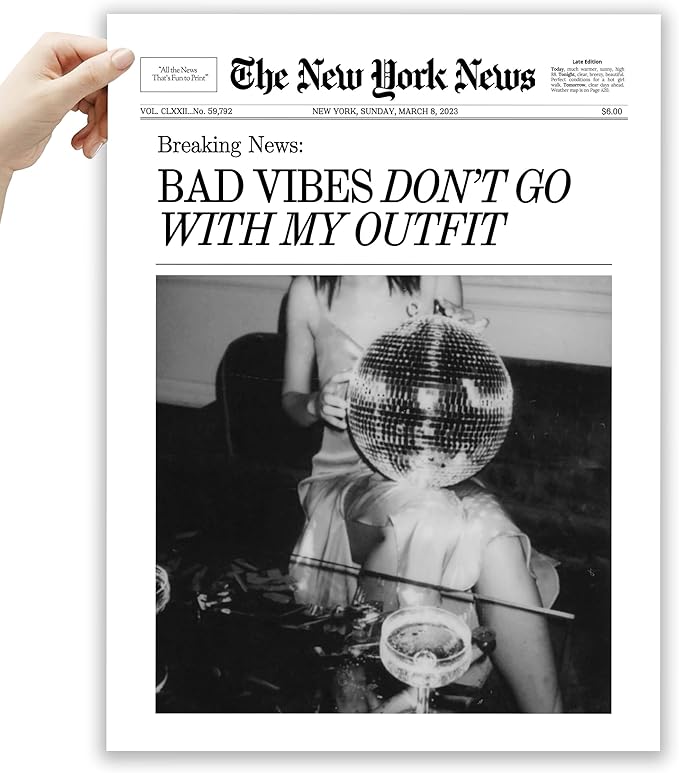 EcoHest Unframed Trendy Newspaper Magazine Wall Art, 12x16 in Bad Vibes Don't Go With My Outfit Disco Bar Canvas Wall Art, Preppy Retro Home Decor For Bedroom Living Room 1Pack