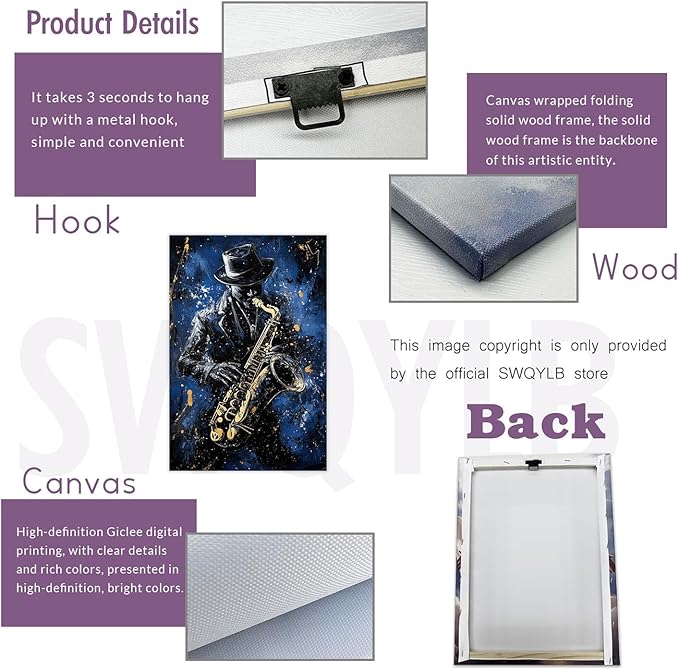 SWQYLB Black Music Wall Art Abstract Jazz Wall Decor African American Painting Canvas Musical Instruments Pictures Classroom Music Men Room Decor Framed (Blue, (20.00" x 30.00"))