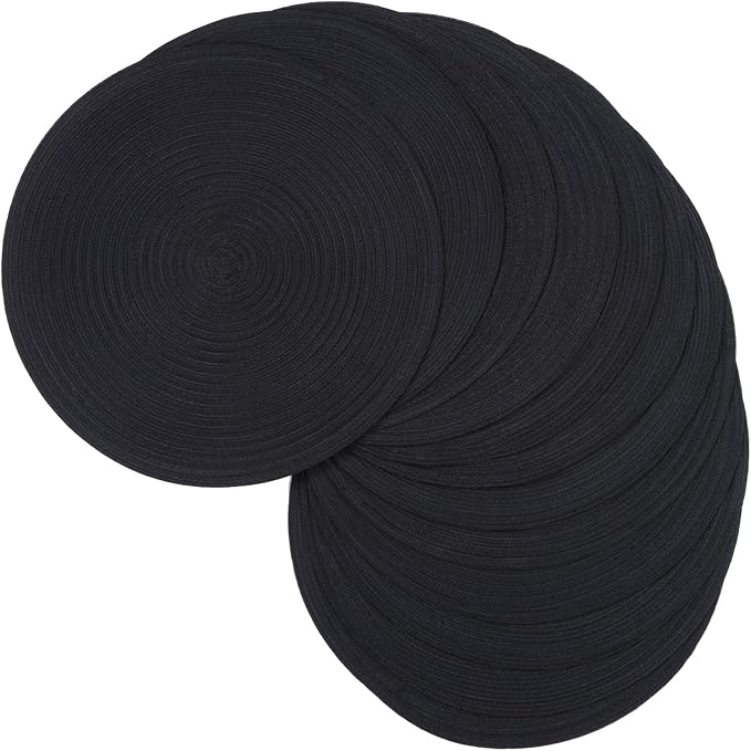 SHACOS Black Round Placemats Set of 12 Heavy Cotton Polyester Woven Braided Place Mats Washable Heat Resistant Non Slip Table Mats